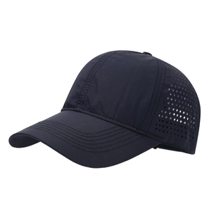 Navy blue quick-dry baseball cap with laser-cut ventilation and breathable athletic fabric