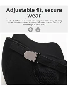 Detail of adjustable metal buckle on black winter baseball cap for custom fit