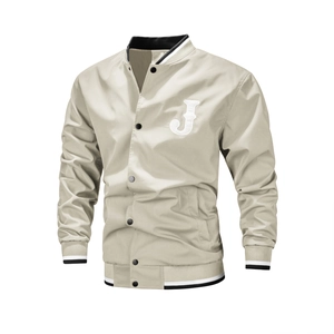 Heren beige varsity bomberjack met J-letterborduurwerk en gestreepte ribboorden