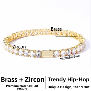 Detail view of gold tennis bracelet with 3mm 4mm 5mm width options in brass and zircon