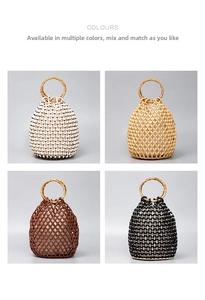 Macro view of four large capacity woven wooden bead bucket bags with bamboo handles