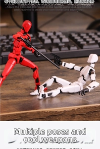Detail von roten und weißen 3D-gedruckten Dummy 13 Actionfiguren mit beweglichen Gelenken