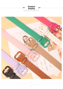 Detail of candy-colored belts with matte square buckles in green, pink, and beige