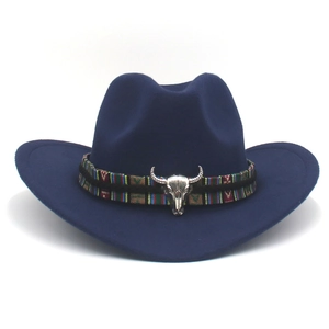 Chapeau Cowboy Western Feutre Laine Fedora Décor Métal Tête Taureau Ruban Ethnique Rétro Bord Large Jazz Hommes Femmes