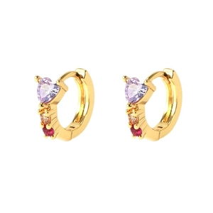 Boucles d'oreilles cœur dorées avec zircons colorés en vue studio symétrique