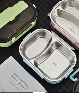Detailed view of SUS304 stainless steel two-compartment lunch boxes in green, pink and blue