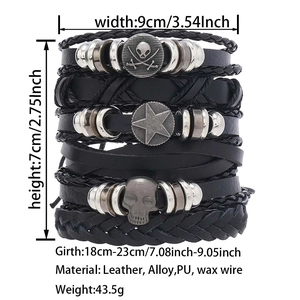 Detailed view of layered leather bracelets showing size dimensions and alloy skull charms
