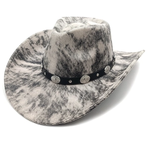Vintage western cowboy hat in tie-dye corduroy with leather band and metal rivets