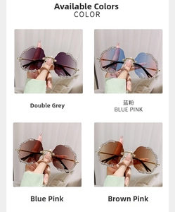 Dettaglio occhiali da sole a fiore senza montatura in grigio, blu e rosa con strass