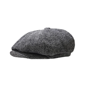 Vintage black and grey herringbone newsboy cap with classic eight-panel wool blend design