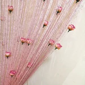 Fringe String Curtain With Artificial Rose Flowers Silver Wire Shimmering Doorway Partition For Home Wedding Decor