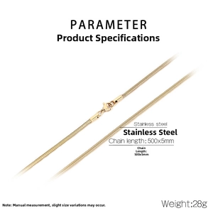 Detailed specs of 5mm gold snake chain necklace in stainless steel with lobster clasp