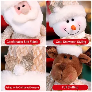 Christmas plush dolls set in champagne gold featuring Santa Claus, Snowman and Reindeer