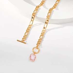 Minimalist gold Figaro necklace with pink square gemstone pendant and toggle clasp closure
