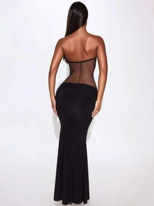 Sexy black bodycon maxi dress featuring sheer mesh patchwork and backless design for women