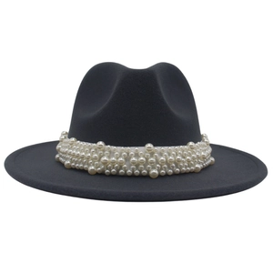 Elegant black wide brim wool fedora hat featuring a stylish pearl beaded band decoration