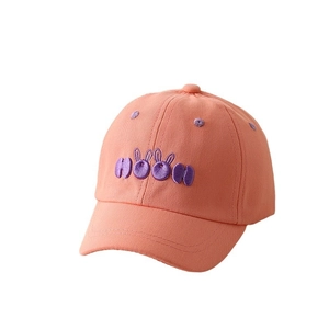 Coral orange kids baseball cap with purple noon letter embroidery and bunny ears