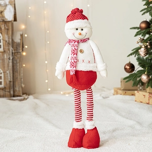 Standing plush snowman Christmas ornament with telescopic long legs and knitted textures