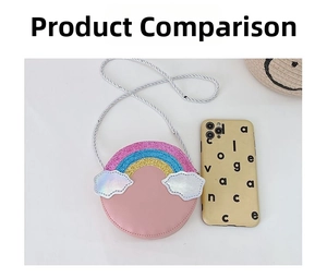 Kids rainbow sequin mini crossbody bag shown next to a smartphone for size comparison