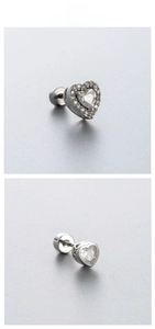 Detailed close-up of heart-shaped zircon ear stud with a flat screw back base