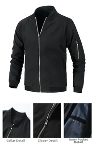 Detailed views of the bomber jacket showing the stand collar, zipper, and inner pocket
