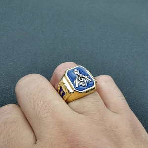 Gold plated stainless steel Freemason ring with blue enamel and G symbol emblem
