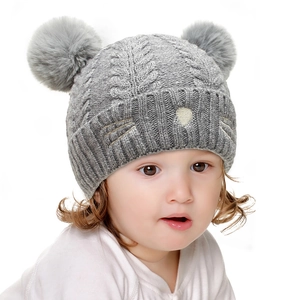 Baby Knitted Hat With Pom Poms Cat Embroidery Fleece Lined Winter Warm Acrylic Beanie For Infants Toddlers