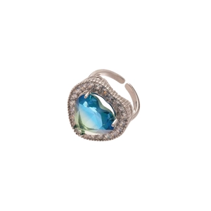 Adjustable silver heart ring with blue-green gradient zircon and white pavé crystals