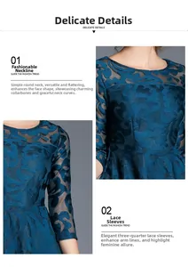 Detailed close-up of crew neck and three-quarter sleeves on blue hollow lace dress