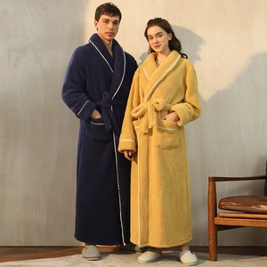 Accappatoio In Flanella Ispessita Unisex Lungo Inverno Caldo Shu Velluto Di Cotone Pigiami Con Cintura Tasche