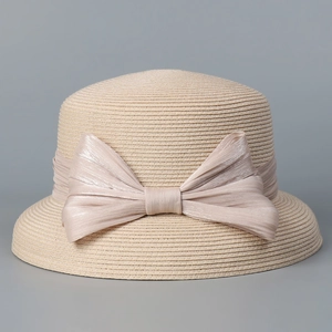 Elegante cappello di paglia beige con fiocco di seta per donna, protezione solare estiva chic