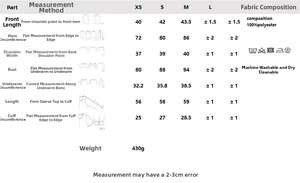 Size chart for black pinstripe blazer with detailed measurements in cm and wash care guide