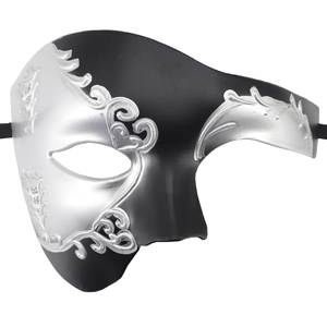 Mezza maschera Fantasma dell'Opera bicolore nero e argento con motivi di note musicali