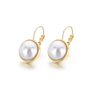 Elegant gold earrings with round white shell pearls shown on a clean white background