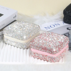 Sparkling rhinestone jewelry storage box with zipper in silver and pink colors