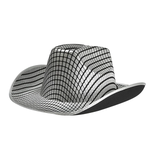 Silver sequin cowboy hat with metallic grid glitter design for party and festival style
