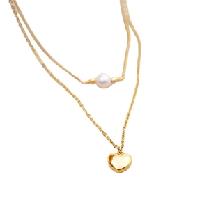 Double-layered gold titanium steel necklace with heart pendant and freshwater pearl