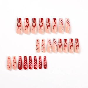 French flame heart coffin press on nails in red and pink with rhinestones 24pcs set