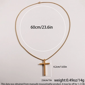 Polished gold stainless steel cross necklace with 60cm chain and sizing details