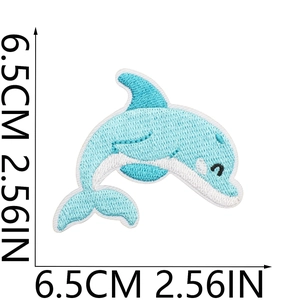 Detailed blue and white dolphin embroidery patch with precise measurement of 6.5cm