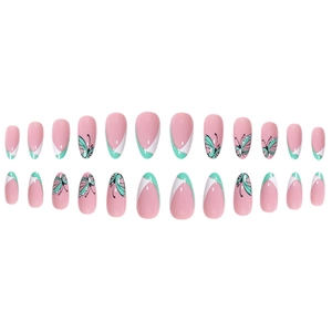 French almond press-on nails with green white butterfly patterns and gold glitter accents