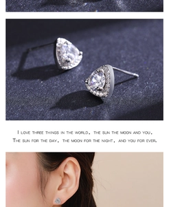 Detailed macro view and model shot of S925 sterling silver triangle zircon stud earrings