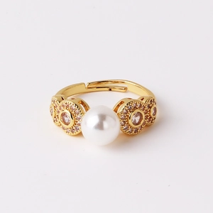 Elegant gold adjustable ring with central white pearl and sparkling zircon accents