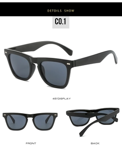 Detailed views of black square sunglasses with silver rivets at 45 degree front and back