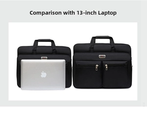Comparison showing two black waterproof oxford briefcases next to a 13-inch laptop