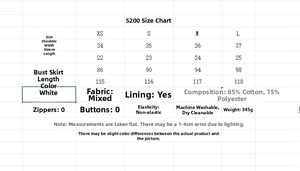 Detailed size chart for white puff sleeve dress with bow embroidery measurements