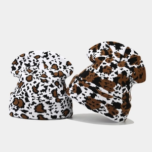 Thick knit cow print beanie hats for winter, warm animal pattern folded cuff caps