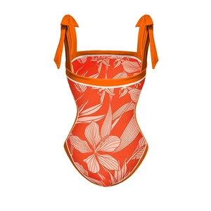 Floral print one-piece swimsuit in vibrant orange with elegant tie-up bow shoulder straps