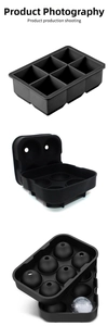 Three-piece set of black silicone ice cube molds for square and spherical ice shapes