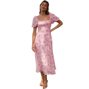 Pink floral midi dress with puff sleeves and square neckline on a white background